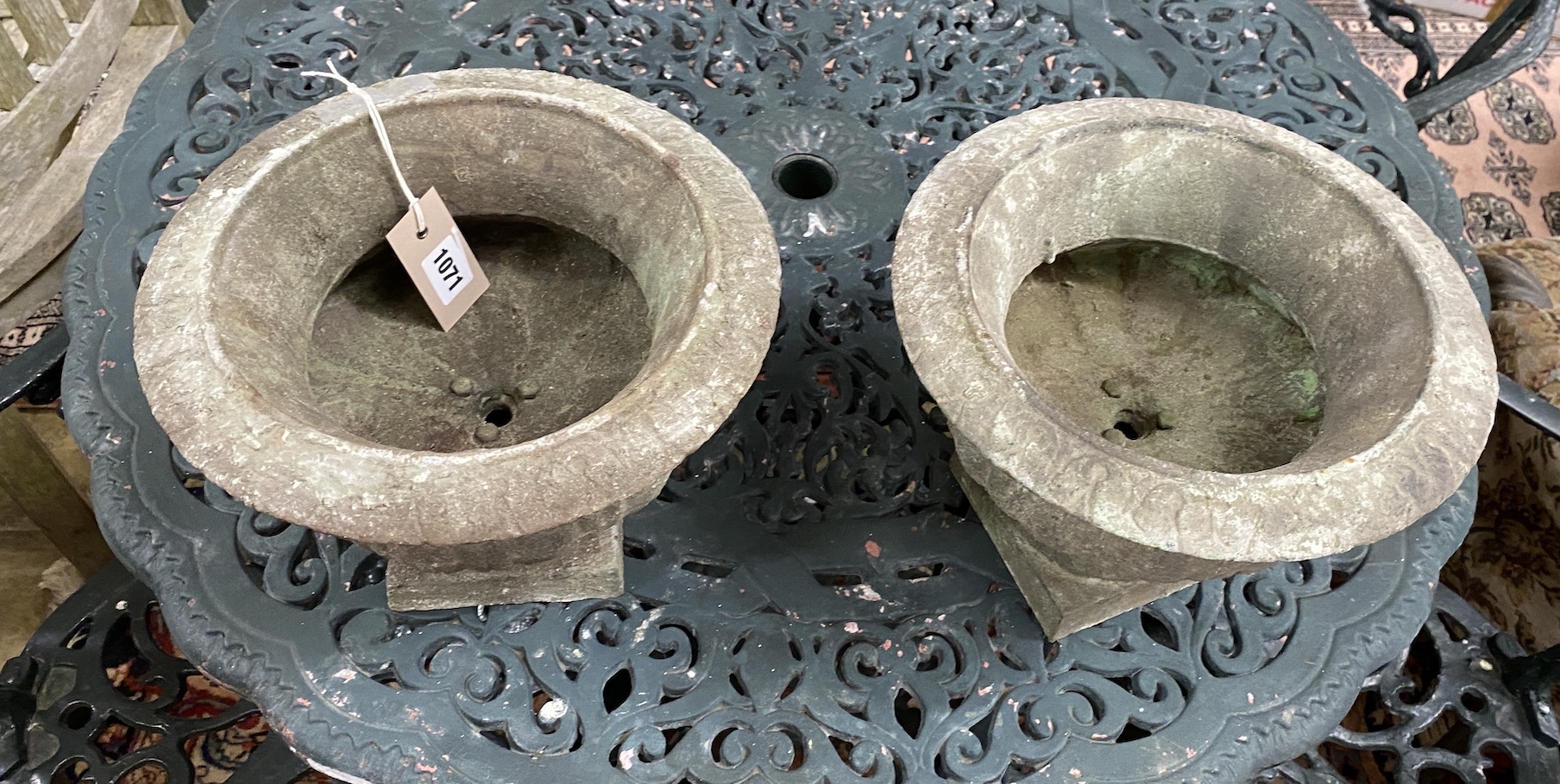 A pair of small Victorian style cast metal campana urns, diameter 27cm, height 20cm